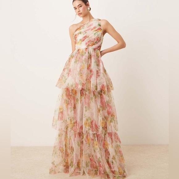 ASOS Lace & Bead One Shoulder Tiered Tulle Maxi Dress in Bright Floral - US 2 - Picture 4 of 6